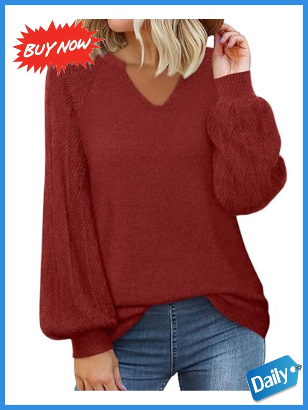 Womens V-Neck Long Sleeve Pullover Sweater Lightweight Chunky Knit